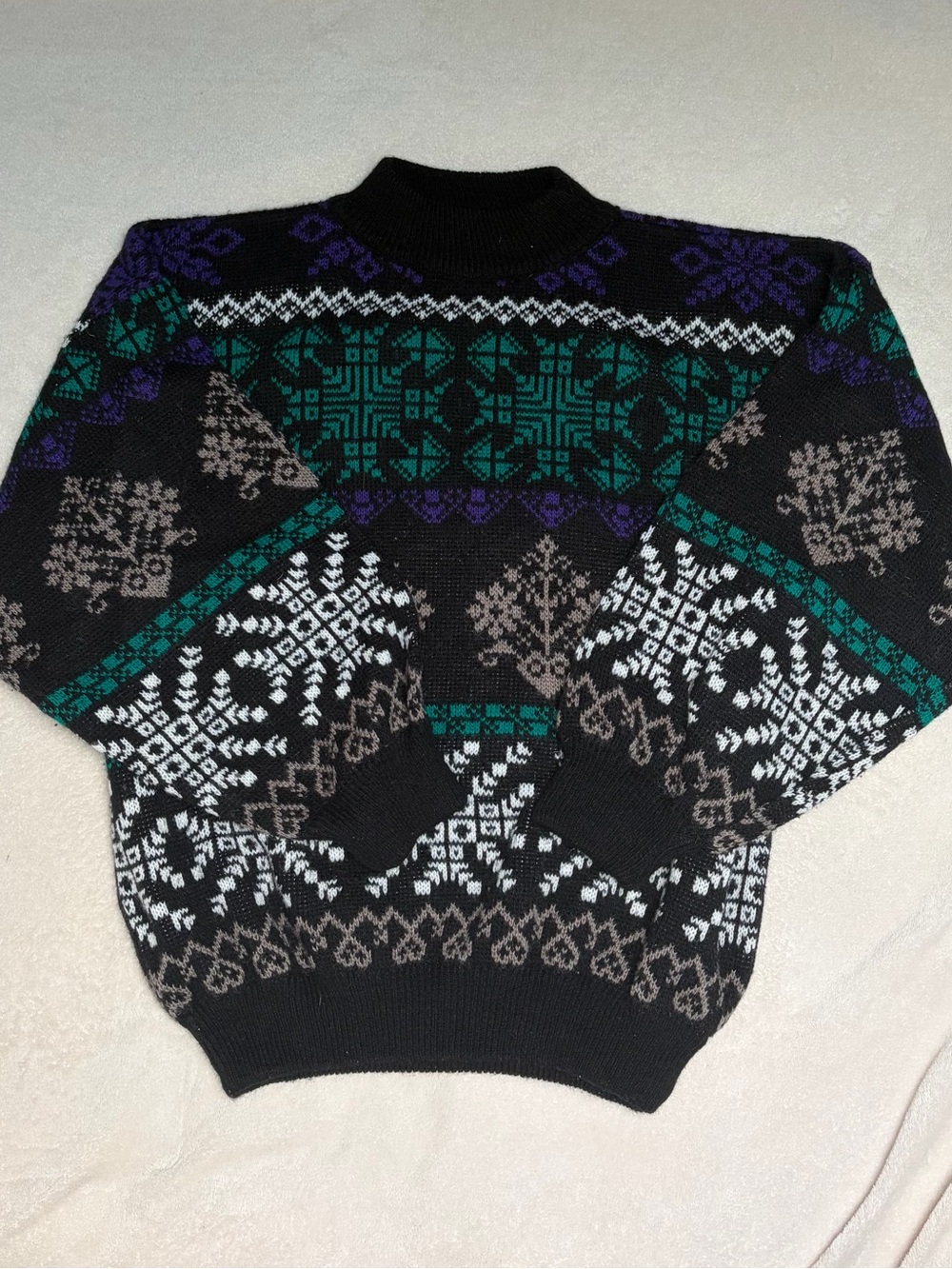 Vintage Winter Crewneck Sweater with Green and Purple Accents